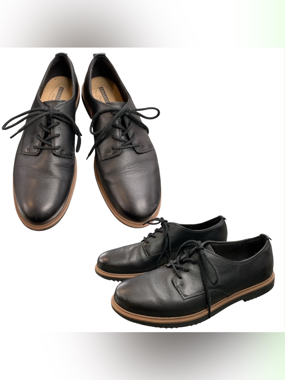 Clarks Black Leather Lace-Up Oxfords with Brown Trim S8